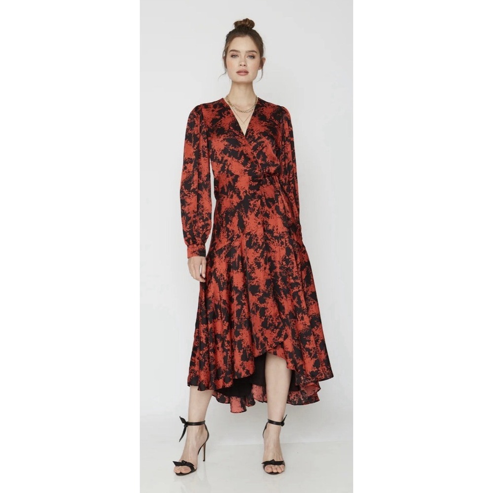 Caballero‎ Womens Maxi Balloon Sleeve Wrap Dress Silk Blend Red/Black Elegant XS